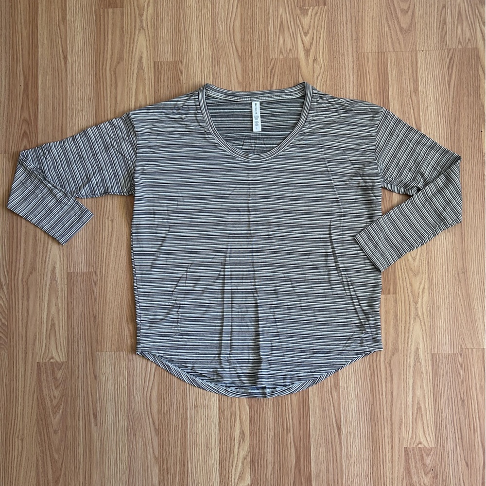 Athleta Black and Gray Striped Long Sleeve Top